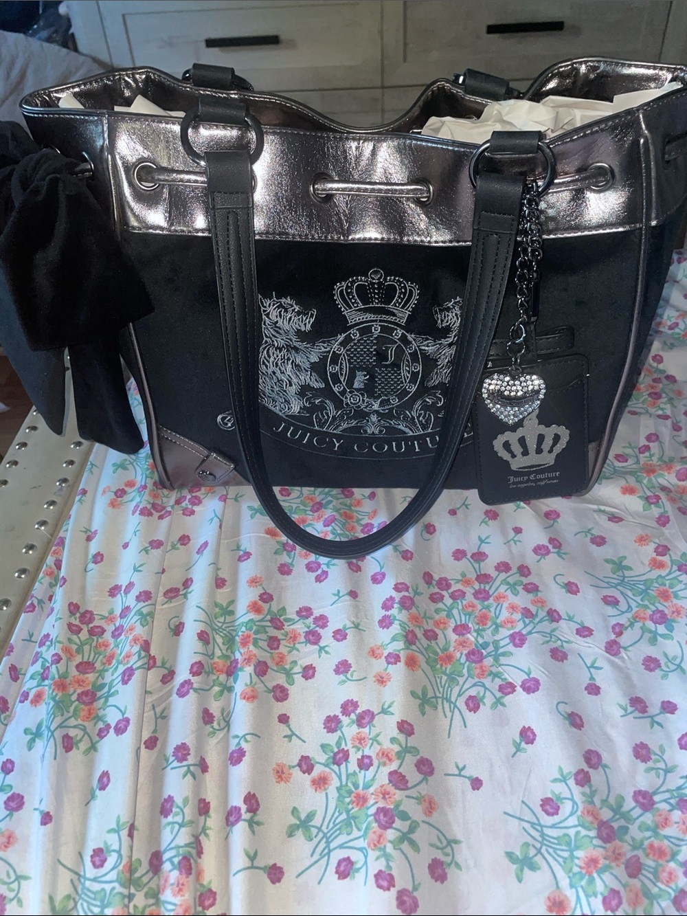 Juicy Couture Daydreamer Black Tote with Metallic Pewter Accents and Heart Charm
